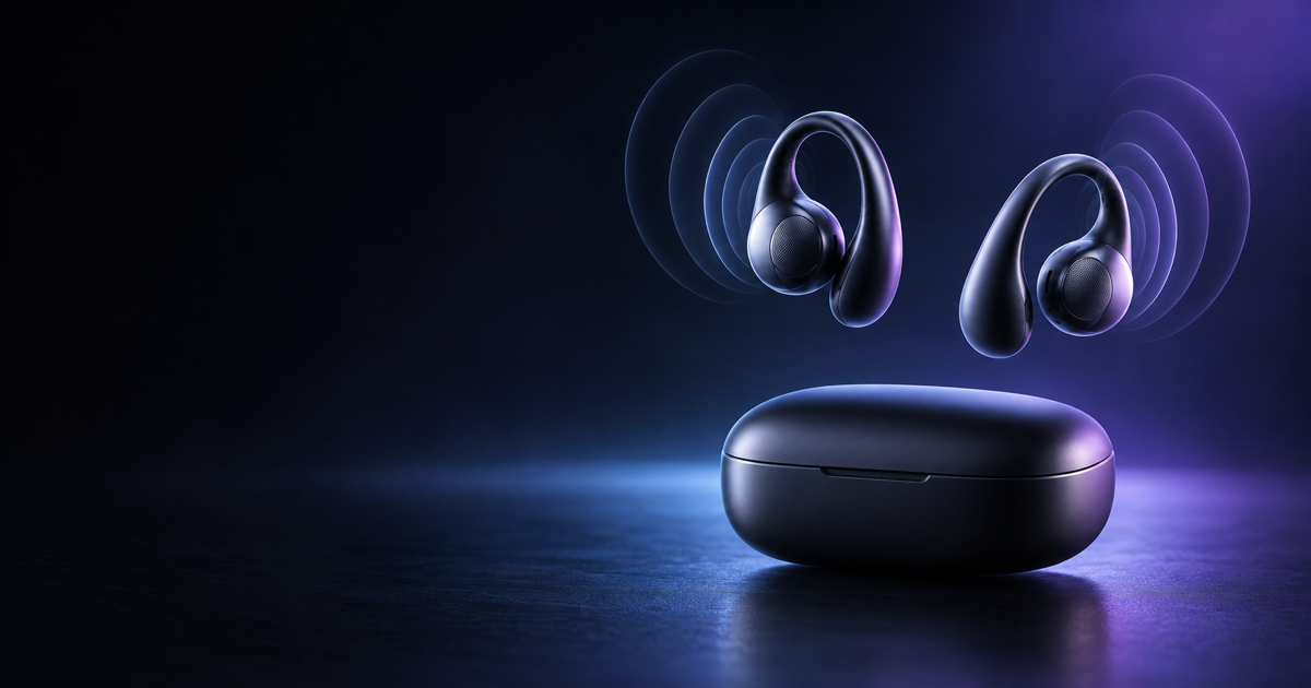 Editorial illustration of open-ear wireless earbuds floating above a charging case