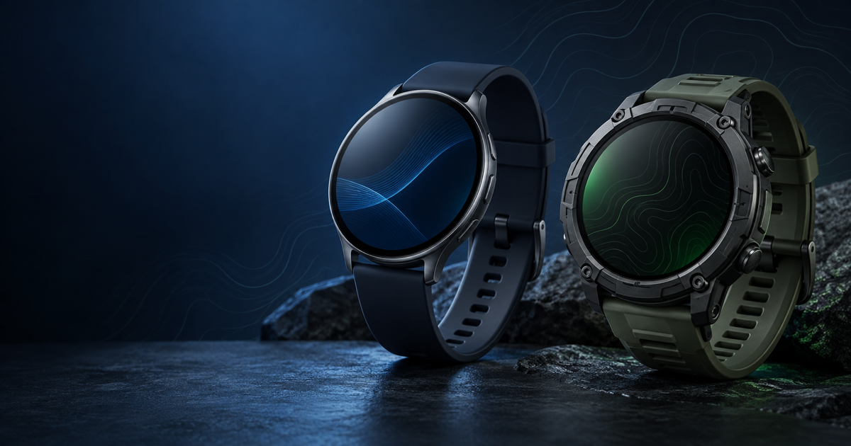 Editorial illustration comparing a slim smartwatch with a rugged outdoor smartwatch