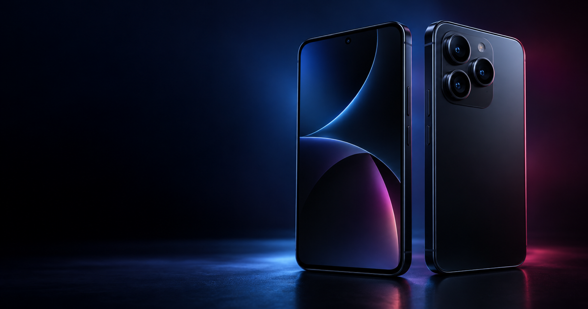 Editorial illustration of two premium smartphones in a dark blue studio