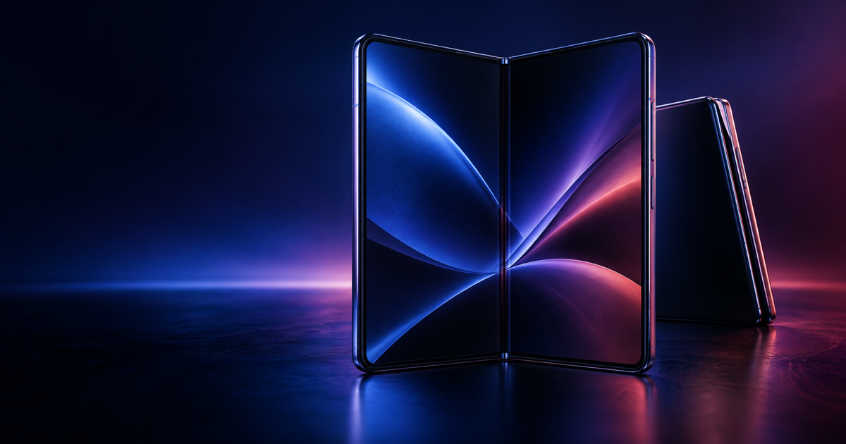 Editorial illustration of a premium foldable smartphone open and partially folded